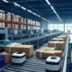 Modern warehouse using AI for reverse logistics and returns management, featuring automated sorting, route optimization, and data analytics screens to enhance efficiency and customer trust.