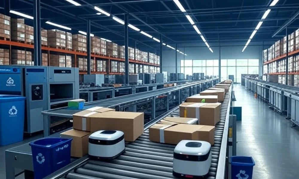 Modern warehouse using AI for reverse logistics and returns management, featuring automated sorting, route optimization, and data analytics screens to enhance efficiency and customer trust.
