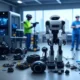 A team of technicians in a modern warehouse maintaining an AI-powered robot with a human-like face, surrounded by advanced robotic equipment and scattered parts, highlighting the challenges of AI-driven machine maintenance.