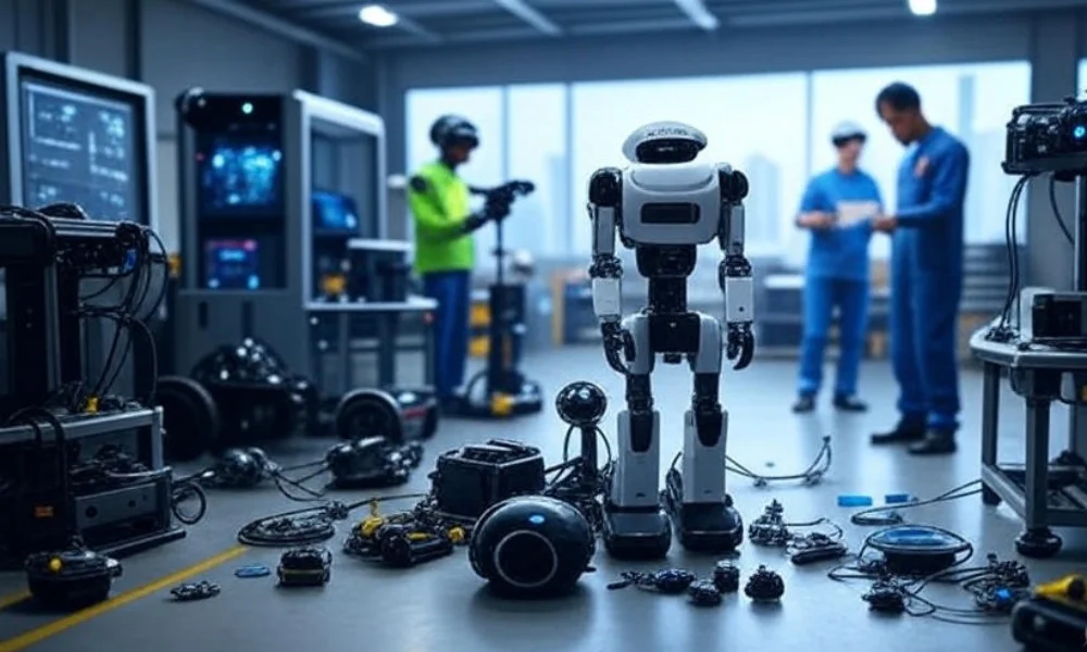 A team of technicians in a modern warehouse maintaining an AI-powered robot with a human-like face, surrounded by advanced robotic equipment and scattered parts, highlighting the challenges of AI-driven machine maintenance.