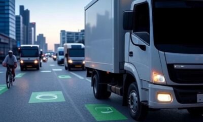 Modern tech landscape showcasing AI-powered route optimization for fleet management, featuring delivery vans with real-time route maps displayed on a large screen and individual monitors.