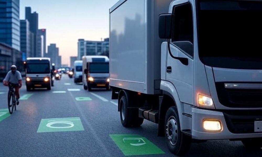 Modern tech landscape showcasing AI-powered route optimization for fleet management, featuring delivery vans with real-time route maps displayed on a large screen and individual monitors.