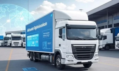 A modern logistics truck with an AI route optimization interface displayed on its side, parked in a warehouse lot with other trucks and a digital map overlay, symbolizing efficient delivery and reduced costs in logistics.