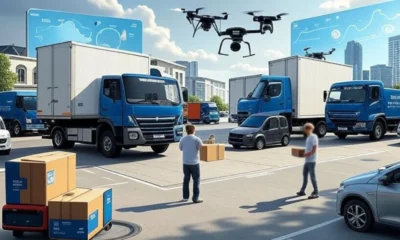 A futuristic logistics scene showcasing AI-powered route optimization with trucks and drones delivering packages, real-time traffic data visualization, and efficient small business operations in a busy urban setting.