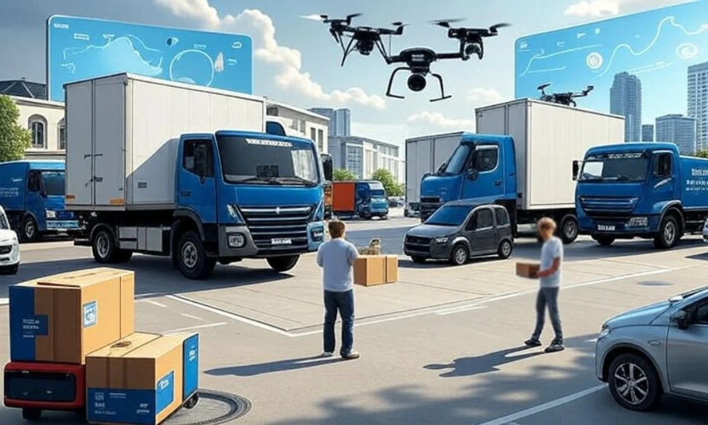 A futuristic logistics scene showcasing AI-powered route optimization with trucks and drones delivering packages, real-time traffic data visualization, and efficient small business operations in a busy urban setting.