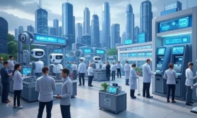 A futuristic cityscape featuring automated robots and digital tools transforming industries like banking, hospitals, and retail, with workers participating in reskilling programs, highlighting the impact of artificial intelligence on job displacement and workforce development.