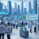 A futuristic cityscape featuring automated robots and digital tools transforming industries like banking, hospitals, and retail, with workers participating in reskilling programs, highlighting the impact of artificial intelligence on job displacement and workforce development.