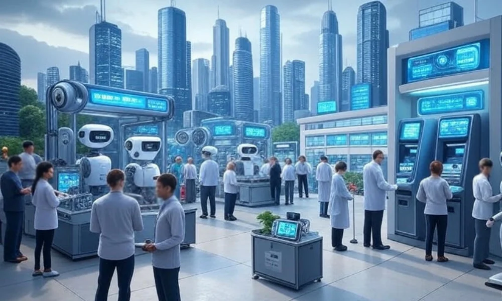A futuristic cityscape featuring automated robots and digital tools transforming industries like banking, hospitals, and retail, with workers participating in reskilling programs, highlighting the impact of artificial intelligence on job displacement and workforce development.