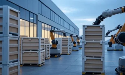 A futuristic warehouse landscape featuring advanced robotic arms automating the handling of stacked crates, showcasing AI integration in modern logistics.