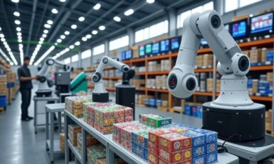 A modern warehouse featuring robotic arms efficiently organizing colorful product boxes on shelves, with real-time data displays in the background, showcasing an optimized storage system in a bustling US warehouse environment.