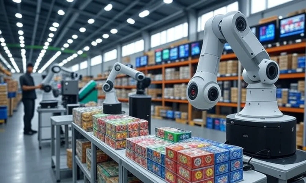 A modern warehouse featuring robotic arms efficiently organizing colorful product boxes on shelves, with real-time data displays in the background, showcasing an optimized storage system in a bustling US warehouse environment.