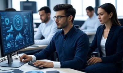 Team collaborating in a modern workplace with computers, showcasing AI-driven error reduction and efficiency.