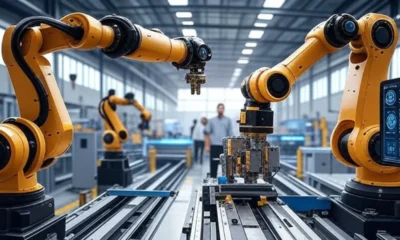 A high-tech factory with yellow robotic arms performing automated assembly tasks, showcasing cost-saving automation technology in a modern industrial setting.