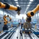 A high-tech factory with yellow robotic arms performing automated assembly tasks, showcasing cost-saving automation technology in a modern industrial setting.