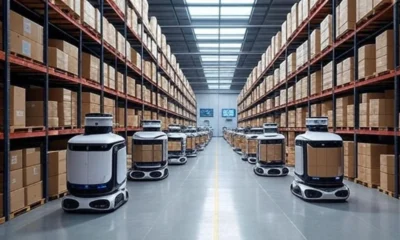 A fully autonomous warehouse with AMR robots transporting goods, showcasing AI-driven logistics