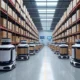 A fully autonomous warehouse with AMR robots transporting goods, showcasing AI-driven logistics