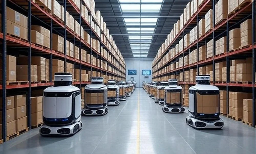 A fully autonomous warehouse with AMR robots transporting goods, showcasing AI-driven logistics