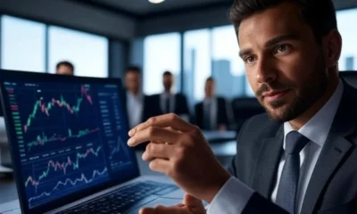A professional in a modern office analyzing business ROI with financial charts displayed on a laptop, highlighting measurable outcomes and long-term success.