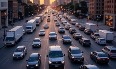 A bustling cityscape with heavy traffic, featuring delivery trucks and cars navigating through urban streets, optimized by AI technology for real-time traffic prediction and efficient logistics routes, captured.