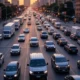 A bustling cityscape with heavy traffic, featuring delivery trucks and cars navigating through urban streets, optimized by AI technology for real-time traffic prediction and efficient logistics routes, captured.