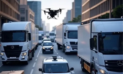 A realistic futuristic logistics scene featuring AI-driven route optimization with trucks, drones, and autonomous vehicles navigating efficiently through urban congestion, showcasing reduced fuel consumption, timely deliveries, and enhanced customer satisfaction under strict environmental laws.