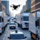 A realistic futuristic logistics scene featuring AI-driven route optimization with trucks, drones, and autonomous vehicles navigating efficiently through urban congestion, showcasing reduced fuel consumption, timely deliveries, and enhanced customer satisfaction under strict environmental laws.