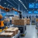 A high-tech futuristic warehouse featuring AI-powered robots and blockchain technology for secure inventory tracking, with live dashboards displaying real-time data and smart analytics, enhancing automation and trust in U.S. warehousing.