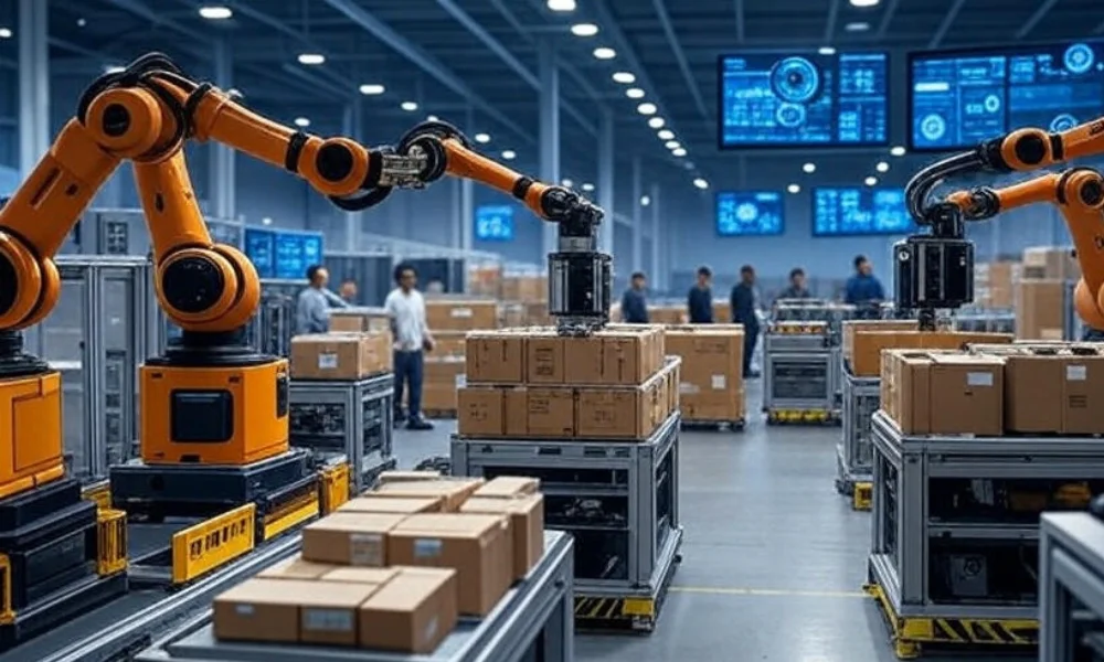 A high-tech futuristic warehouse featuring AI-powered robots and blockchain technology for secure inventory tracking, with live dashboards displaying real-time data and smart analytics, enhancing automation and trust in U.S. warehousing.
