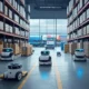 Modern smart warehouse with AI-powered robots handling logistics, featuring IoT sensors and flexible layout changes, set against a backdrop of shifting weather and transport routes, showcasing efficient and adaptive supply chain management.