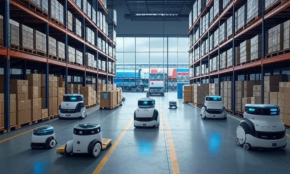 Modern smart warehouse with AI-powered robots handling logistics, featuring IoT sensors and flexible layout changes, set against a backdrop of shifting weather and transport routes, showcasing efficient and adaptive supply chain management.