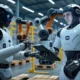 A modern warehouse in the United States showcasing human-robot collaboration in logistics, featuring a robot and a person with a tablet working together, surrounded by autonomous mobile robots and robotic arms with AI sensors