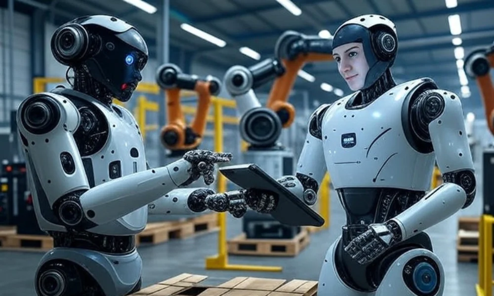 A modern warehouse in the United States showcasing human-robot collaboration in logistics, featuring a robot and a person with a tablet working together, surrounded by autonomous mobile robots and robotic arms with AI sensors