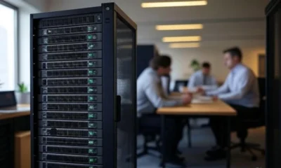A modern office meeting with professionals discussing around a table, featuring a large server rack in the foreground representing legacy systems integrated with contemporary technology, ideal for finance and healthcare industries.