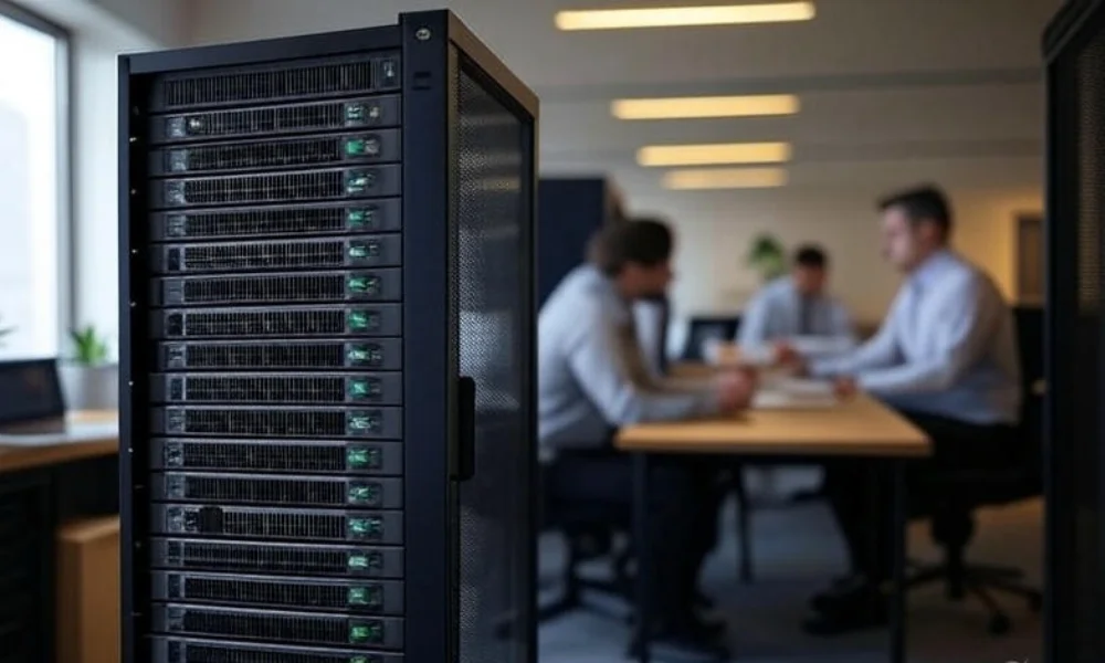 A modern office meeting with professionals discussing around a table, featuring a large server rack in the foreground representing legacy systems integrated with contemporary technology, ideal for finance and healthcare industries.