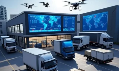 A high-resolution landscape image showcasing machine learning optimized delivery routes at a U.S. logistics hub, featuring trucks and drones navigating through dynamic traffic with real-time data visualizations, emphasizing efficiency, cost savings, and customer satisfaction.