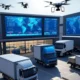 A high-resolution landscape image showcasing machine learning optimized delivery routes at a U.S. logistics hub, featuring trucks and drones navigating through dynamic traffic with real-time data visualizations, emphasizing efficiency, cost savings, and customer satisfaction.