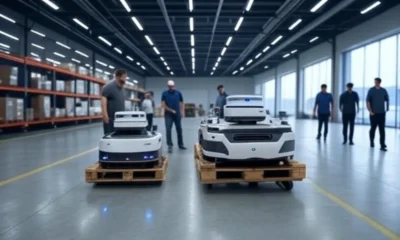 Modern warehouse featuring self-learning AI systems and autonomous robots optimizing layout in a futuristic U.S. logistics environment, with efficient storage, fast-moving products near shipping areas, and improved worker productivity.