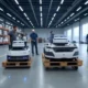 Modern warehouse featuring self-learning AI systems and autonomous robots optimizing layout in a futuristic U.S. logistics environment, with efficient storage, fast-moving products near shipping areas, and improved worker productivity.