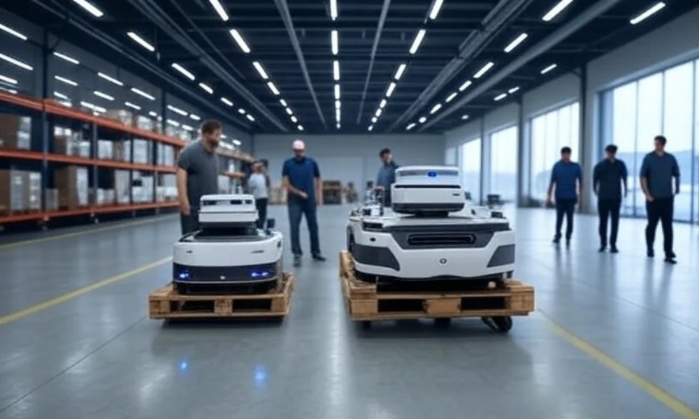 Modern warehouse featuring self-learning AI systems and autonomous robots optimizing layout in a futuristic U.S. logistics environment, with efficient storage, fast-moving products near shipping areas, and improved worker productivity.