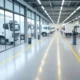 Modern warehouse with automated systems and delivery trucks for fast order fulfillment.