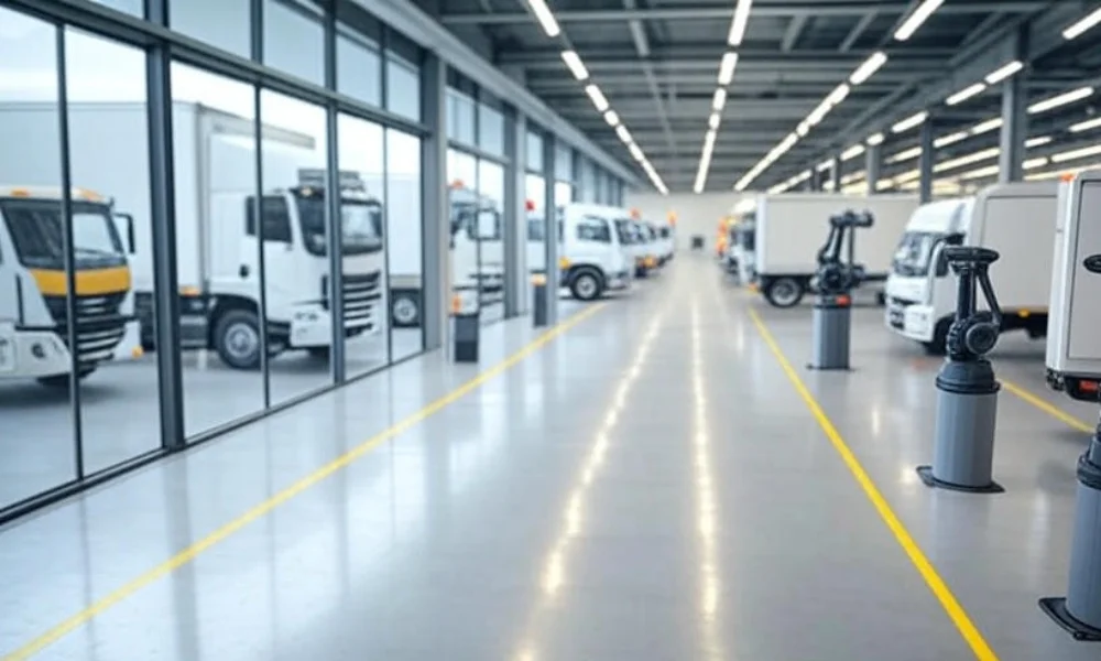 Modern warehouse with automated systems and delivery trucks for fast order fulfillment.