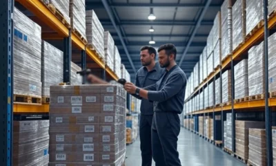 Modern warehouse workers efficiently scanning inventory with barcode scanners in a well-organized storage facility, showcasing advanced technology and real-time data tracking.