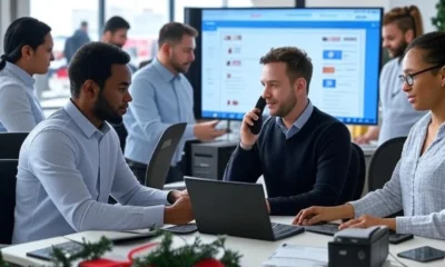 A dynamic team managing scalable online business operations during peak season, with cloud servers, CDNs, and inventory software on screens, customer support chatbots active, and a festive holiday shopping backdrop highlighting efficiency and preparedness.
