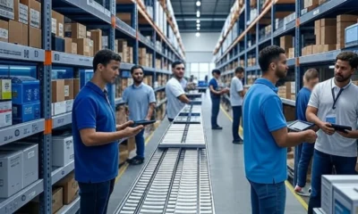 Warehouse workers using mobile scanners and tablets to manage real-time inventory visibility, with shelves of organized products and a conveyor belt in a modern facility, improving operational efficiency and customer satisfaction.
