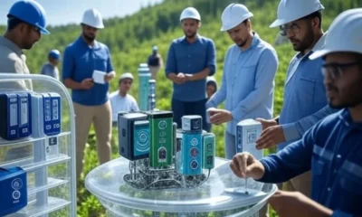 A group of workers in blue uniforms and hard hats inspecting advanced technology devices, including IoT sensors and RFID tags, outdoors in a lush green landscape, highlighting supply chain transparency and modern innovations by companies like Patagonia, Unilever, and Walmart.