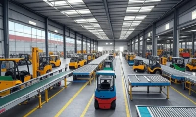 A busy warehouse during the holiday rush featuring conveyor belts, forklifts, and cranes with smart sensors and IoT devices monitoring equipment, showcasing efficient operations and predictive maintenance to prevent downtime, with modern architecture and clear sky in the background.