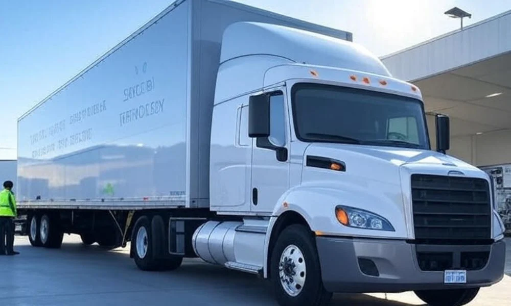 A modern refrigerated truck parked at a logistics facility, equipped with AI-driven temperature control and real-time tracking systems, ensuring the safe delivery of perishable goods like vaccines and fresh produce across a global supply chain.