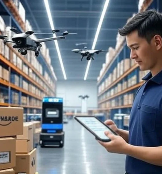 AI-driven supply chain control panel with multiple screens displaying real-time logistics data, located in an outdoor warehouse setting with trucks and pallets in the background, showcasing advanced technology for efficient customer experience management.
