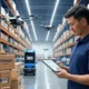 AI-driven supply chain control panel with multiple screens displaying real-time logistics data, located in an outdoor warehouse setting with trucks and pallets in the background, showcasing advanced technology for efficient customer experience management.