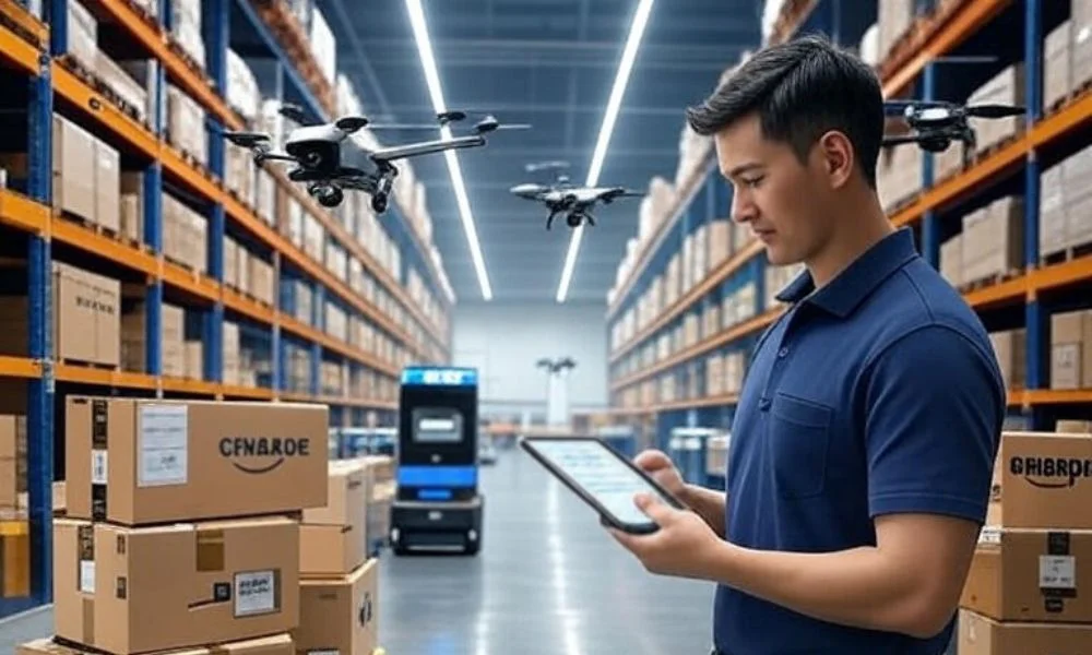 AI-driven supply chain control panel with multiple screens displaying real-time logistics data, located in an outdoor warehouse setting with trucks and pallets in the background, showcasing advanced technology for efficient customer experience management.
